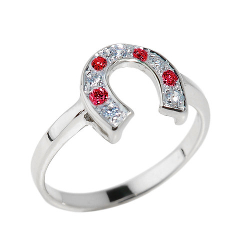 White Gold White and Red CZ Ladies Horseshoe Ring