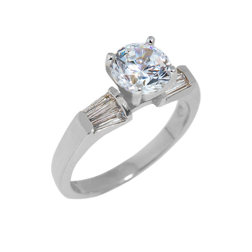 White Gold CZ Engagement Ring with Baguette Sidestones