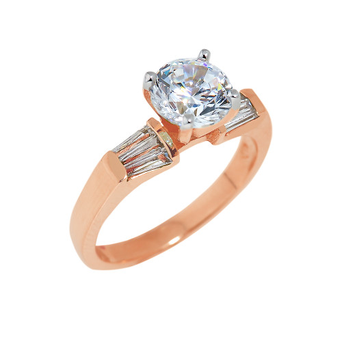 Rose Gold CZ Engagement Ring with Baguette Sidestones