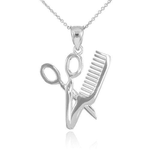 White Gold Scissors and Comb Pendant Necklace