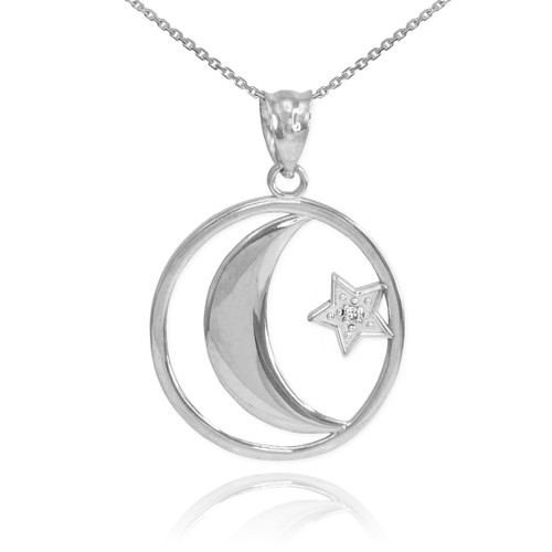 White Gold Crescent Moon with Diamond Star Islamic Pendant Necklace