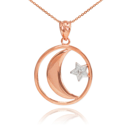 Rose Gold Crescent Moon with Diamond Star Islamic Pendant Necklace