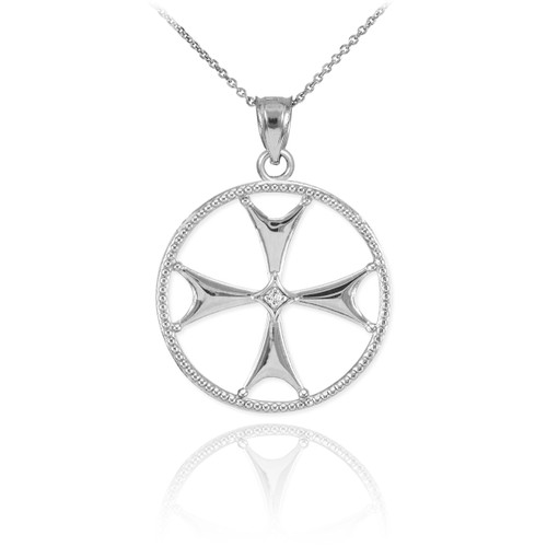 White Gold Diamond Maltese Cross Pendant Necklace