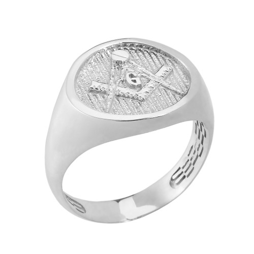 Solid White Gold Masonic Men's Ring