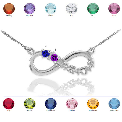 14K White Gold Infinity #1MOM Necklace with Two CZ Birthstones
