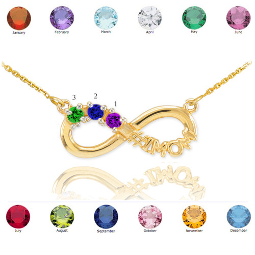 14K Gold Infinity #1MOM Necklace with Three CZ Birthstones