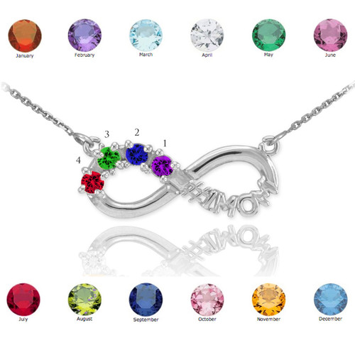 14K White Gold Infinity #1MOM Necklace with Four CZ Birthstones