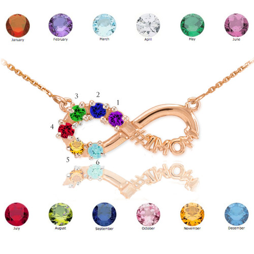 14K Rose Gold Infinity #1MOM Necklace with Six CZ Birthstones