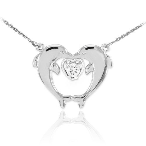 14k White Gold Two Dolphins CZ Necklace