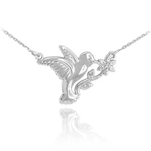 14k White Gold Hummingbird with Diamond Flower Necklace