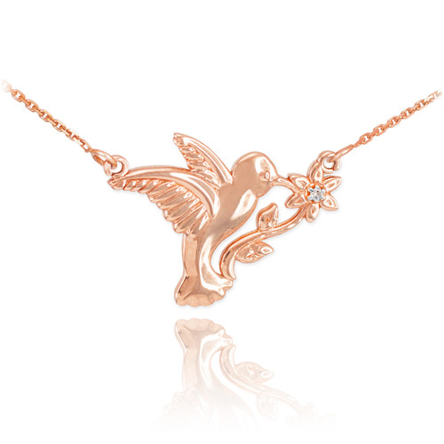 14k Rose Gold Hummingbird with Diamond Flower Necklace