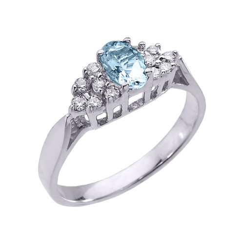 White Gold Aquamarine and Diamond Proposal Ladies Ring