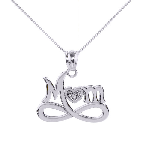 White Gold Infinity "MOM" Heart with Diamond Pendant Necklace