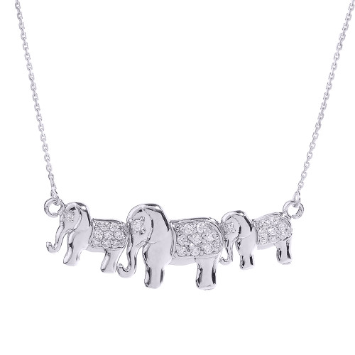 White Gold CZ Studded Three Elephant Pendant Necklace