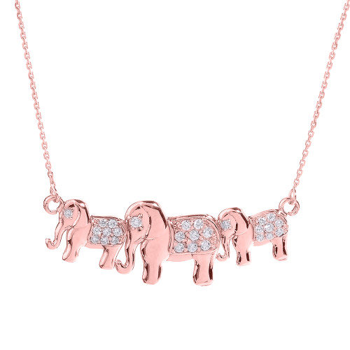 Rose Gold CZ Studded Three Elephant Pendant Necklace