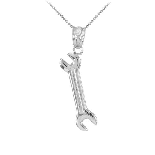 Polished White Gold Open End Wrench Pendant Necklace