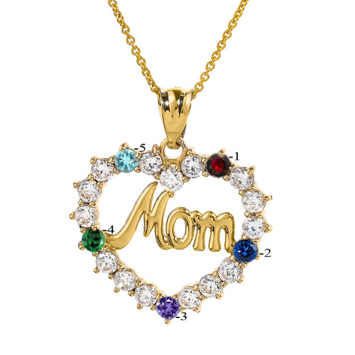 Yellow Gold "MOM" Open Heart Pendant Necklace with Five CZ Birthstones