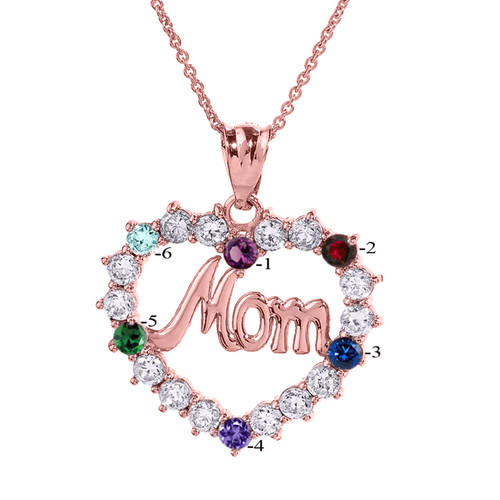 Rose Gold "MOM" Open Heart Pendant Necklace with Six CZ Birthstones