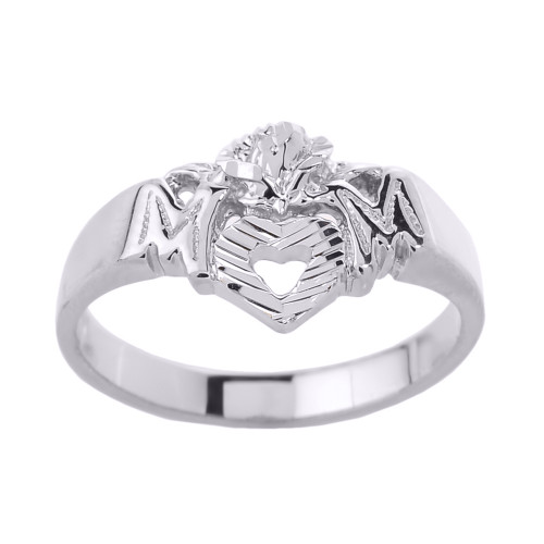 White Gold "MOM" with Open Heart Mother's Ring