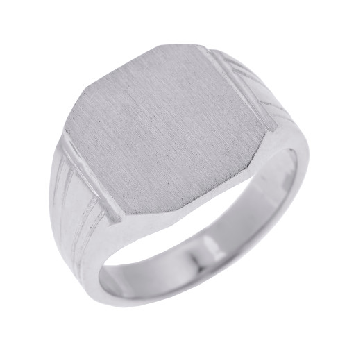 White Gold Octagon Cut Engravable Men's Signet Ring