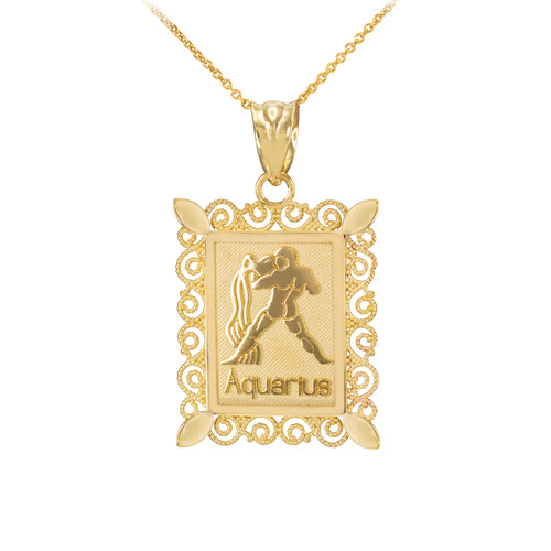 Polished Gold Aquarius Zodiac Sign Rectangular Pendant Necklace