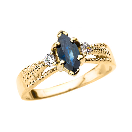 Yellow Gold Genuine Blue Sapphire and Diamond Proposal Ring