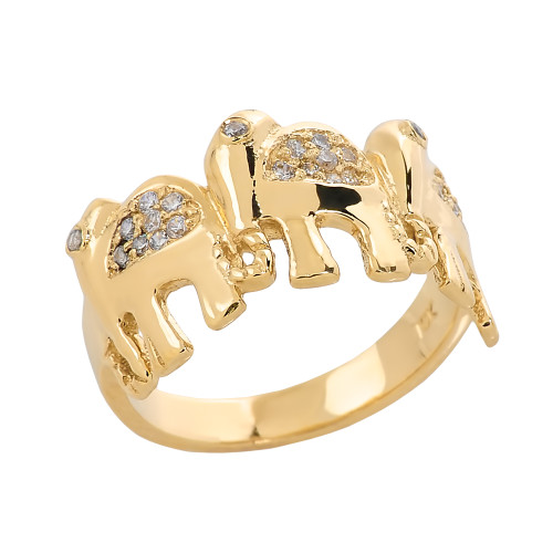 Yellow Gold CZ Studded Three Elephant Ladies Ring