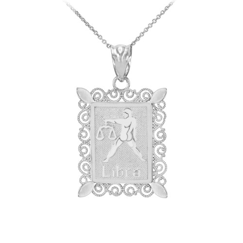 White Gold Libra Zodiac Sign Filigree Square Pendant Necklace