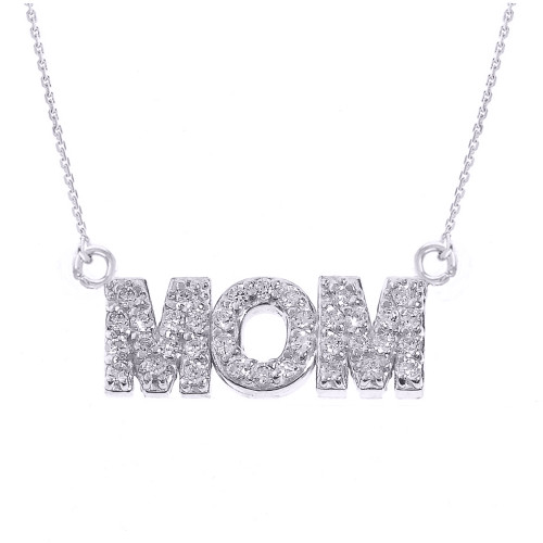 14 White Gold "MOM" CZ Pendant Necklace