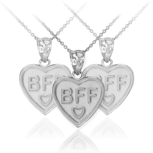 3pc White Gold 'BFF' Heart Pendant Necklace Set