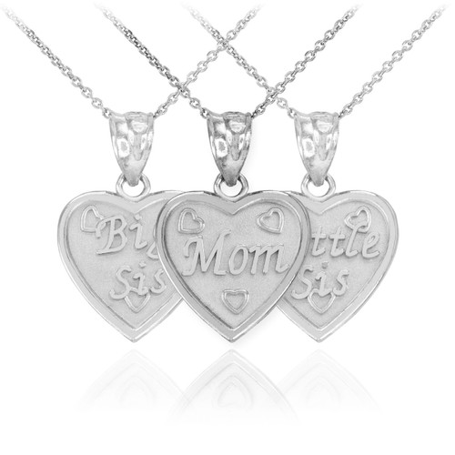 3pc White Gold 'Mom' 'Big Sis' 'Little Sis' Heart Pendant Necklace Set