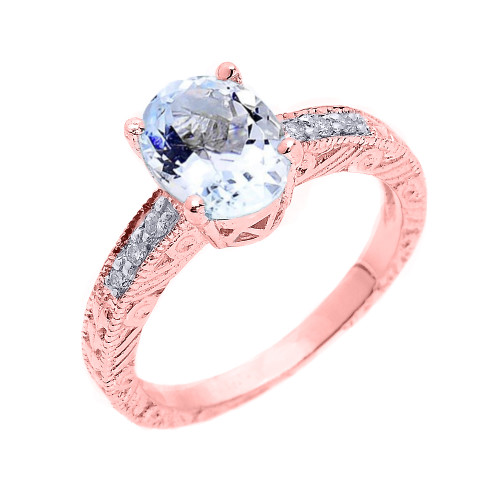 Rose Gold Art Deco Aquamarine and Diamond Proposal Ring