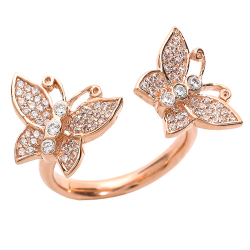 14k Rose Gold Diamonds Studded Double Butterfly Ladies Ring