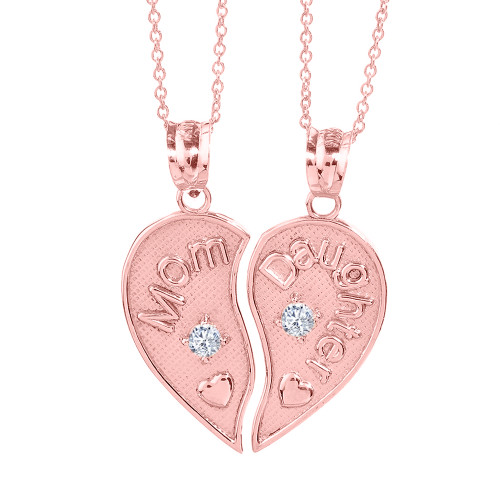 2pc Rose Gold 'Mom' and 'Daughter' CZ Heart Necklace Set