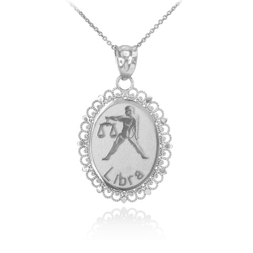 White Gold Libra Zodiac Sign Filigree Oval Pendant Necklace