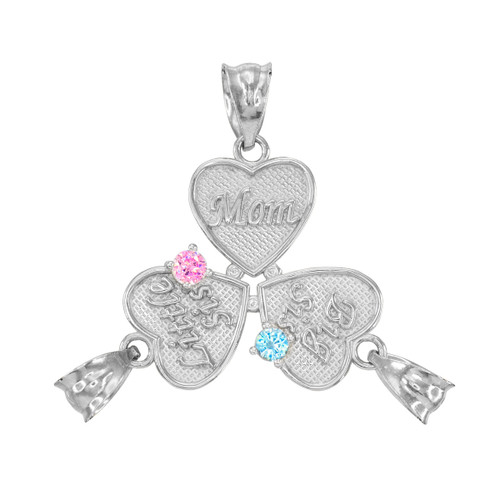 3pc Sterling Silver 'Mom' 'Big Sis' 'Little Sis' Dual CZ Birthstone Heart Charm Set