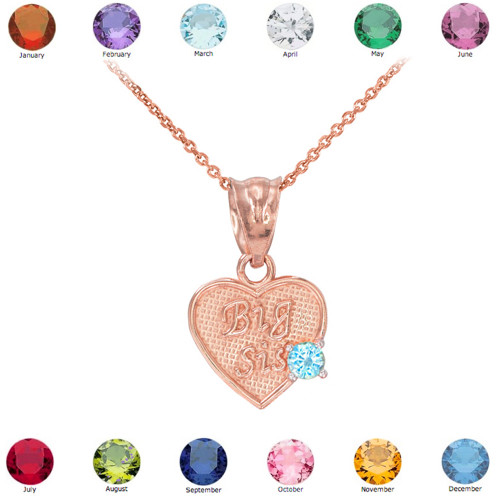 Rose Gold 'Big Sis' CZ Birthstone Heart Charm Necklace
