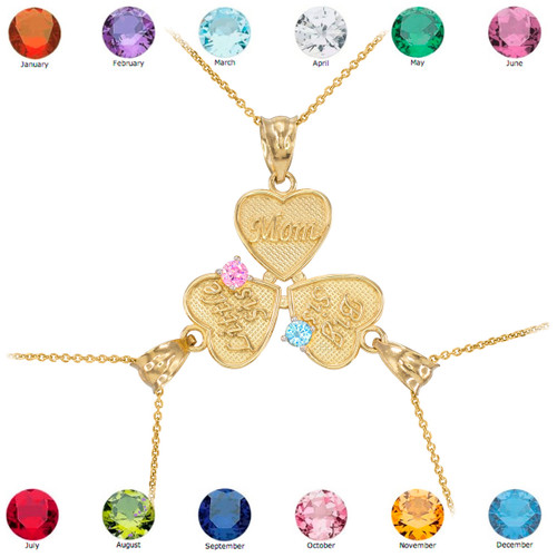 3pc Gold 'Mom' 'Big Sis' 'Little Sis' Dual Birthstone CZ Heart Necklace Set