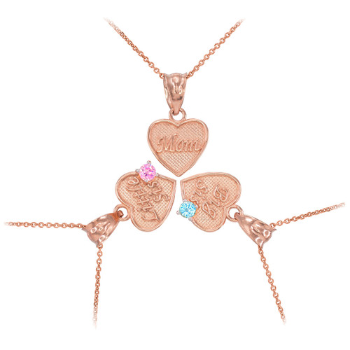 3pc Rose Gold 'Mom' 'Big Sis' 'Little Sis' Dual Birthstone CZ Heart Necklace Set