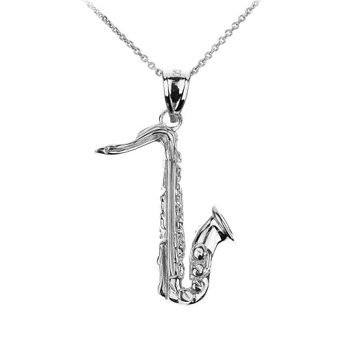 White Gold 3D Saxophone Pendant Necklace