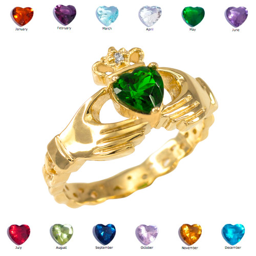 Gold Claddagh Diamond Crown Birthstone CZ Ring