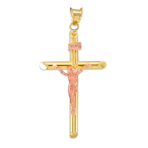 14K Two-Tone Yellow and Rose Gold Polished Tube Crucifix Pendant