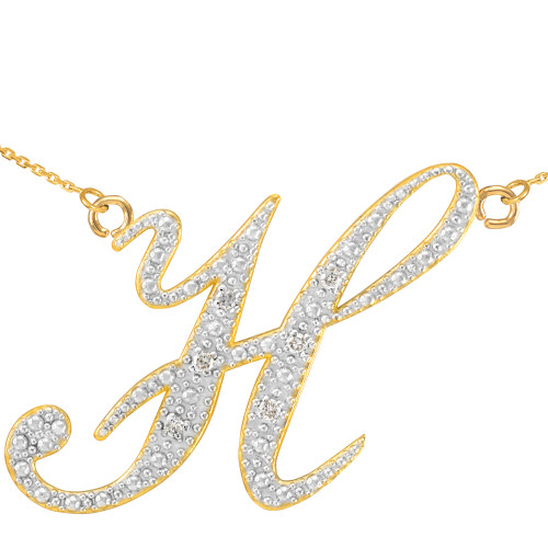 14k Gold Letter Script "H" Diamond Initial Necklace