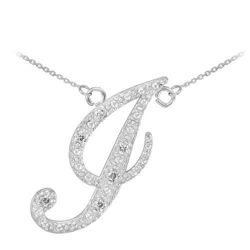 14k White Gold Letter Script "J" Diamond Initial Necklace