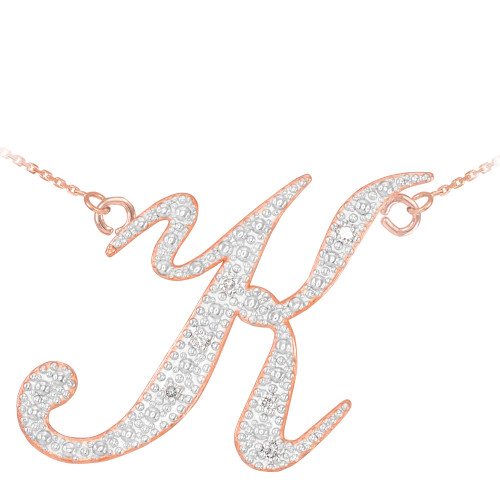 14k Rose Gold Letter Script "K" Diamond Initial Necklace