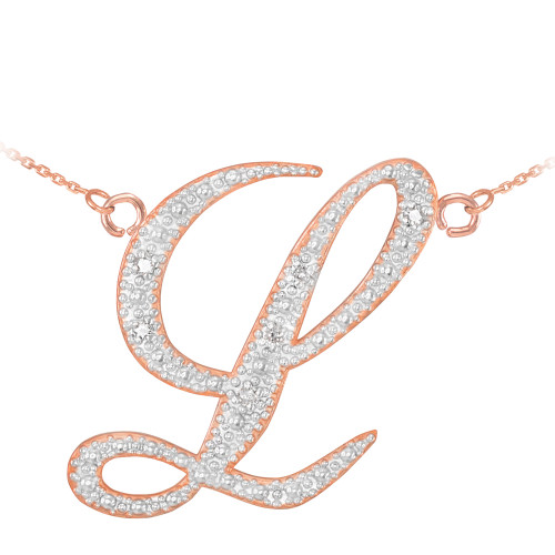 14k Rose Gold Letter Script "L" Diamond Initial Necklace