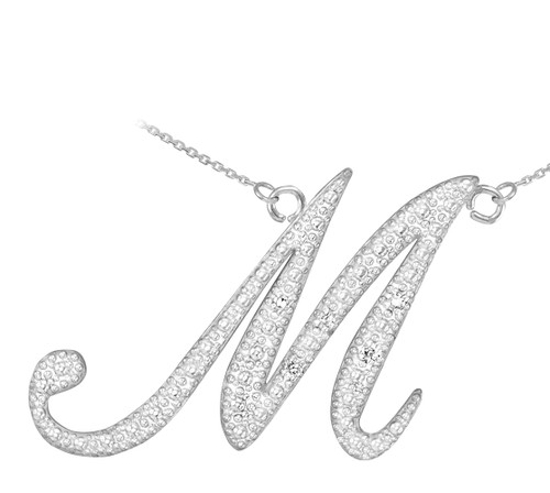 14k White Gold Letter Script "M" Diamond Initial Necklace