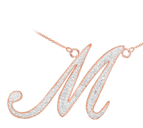 14k Rose Gold Letter Script "M" Diamond Initial Necklace