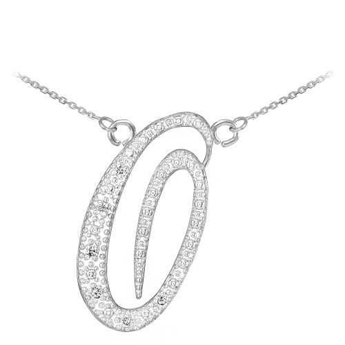 14k White Gold Letter Script "O" Diamond Initial Necklace