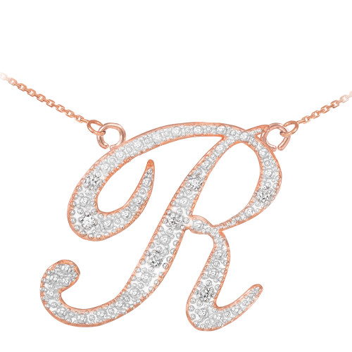 14k Rose Gold Letter Script "R" Diamond Initial Necklace